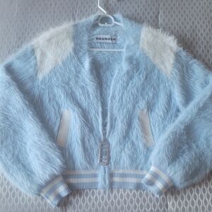 Heurueh Varsity Jacket. Faux Fur Light Blue and White. Sz.M. Preppy Academia